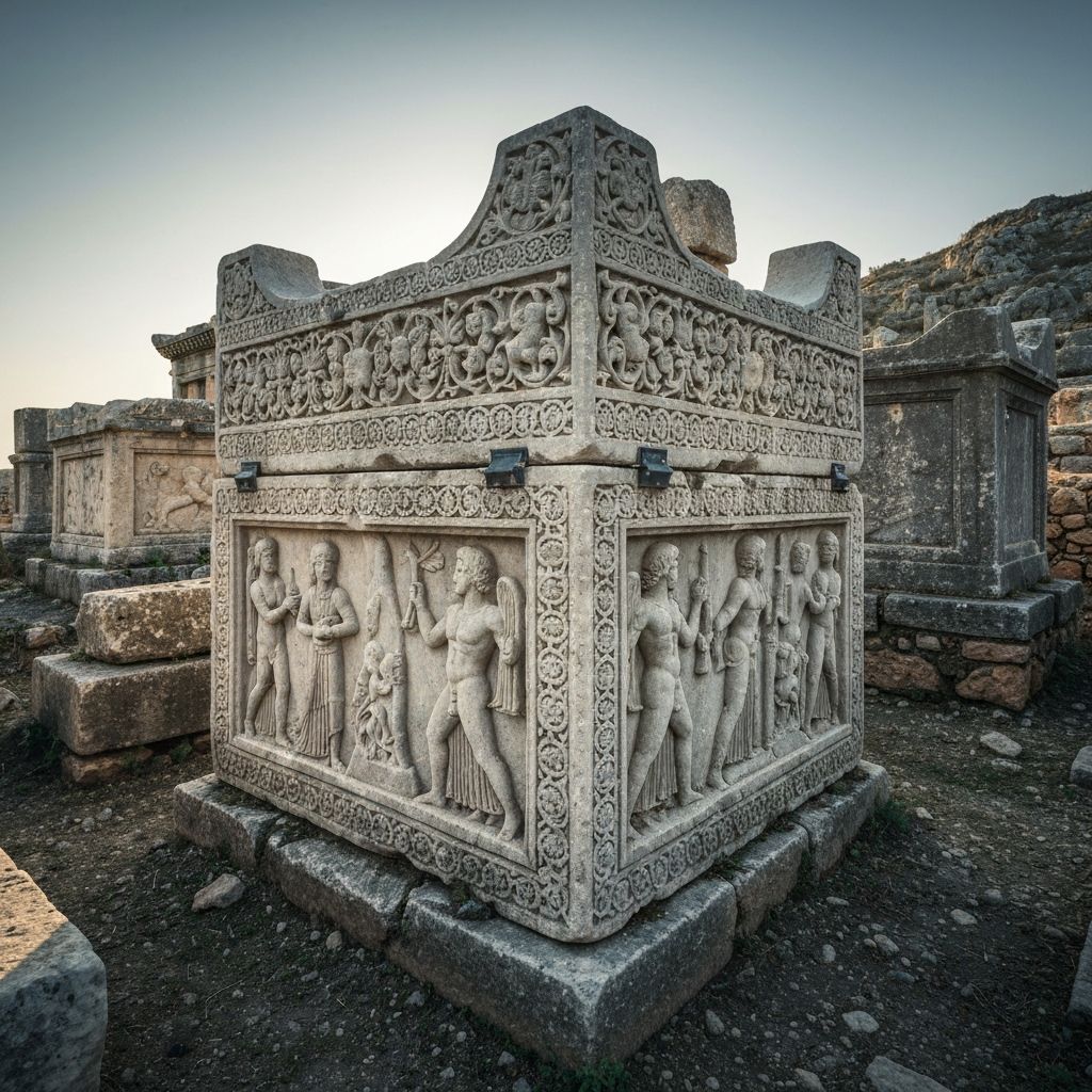 Ornate sarcophagus with relief carvings