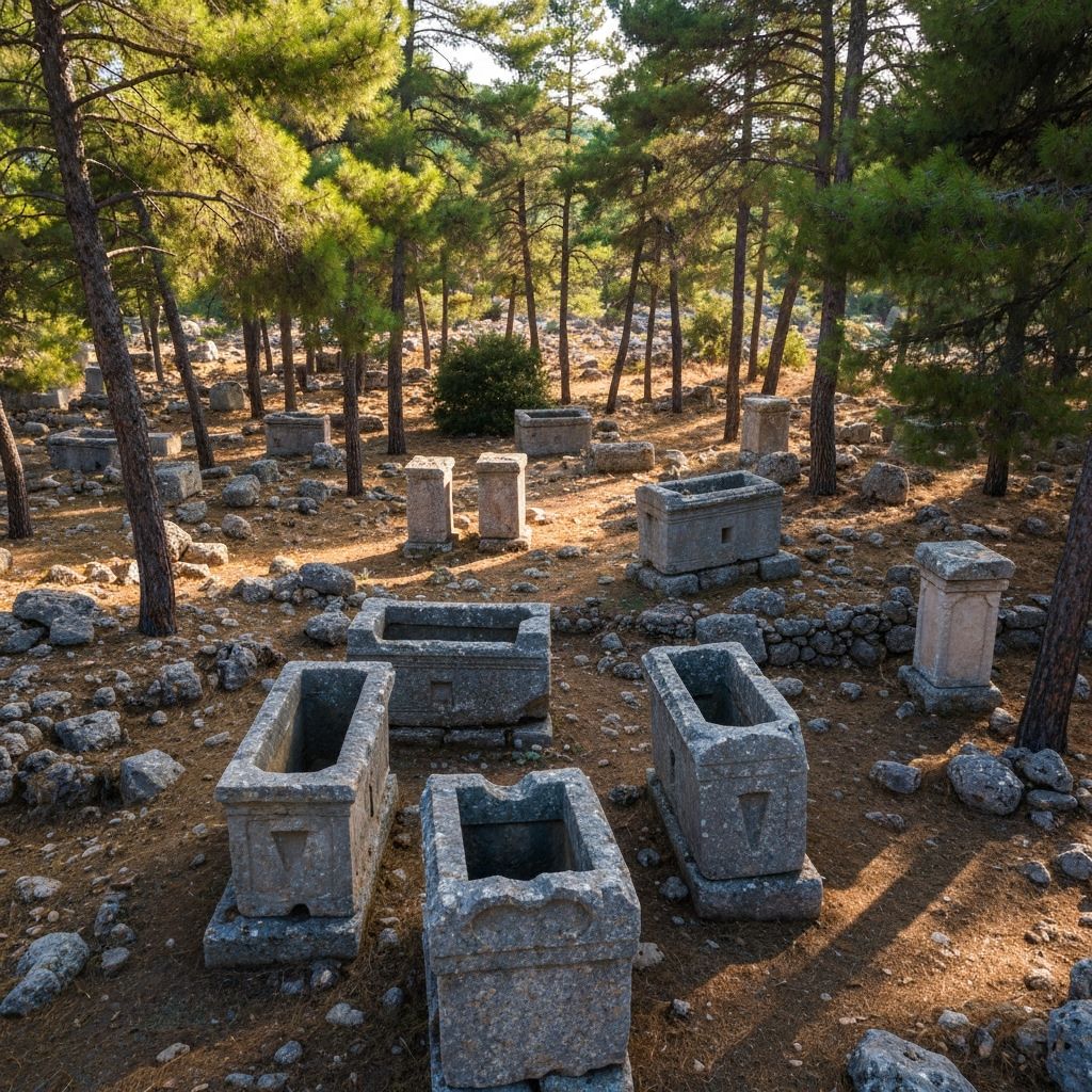 Scattered tomb monuments in forest