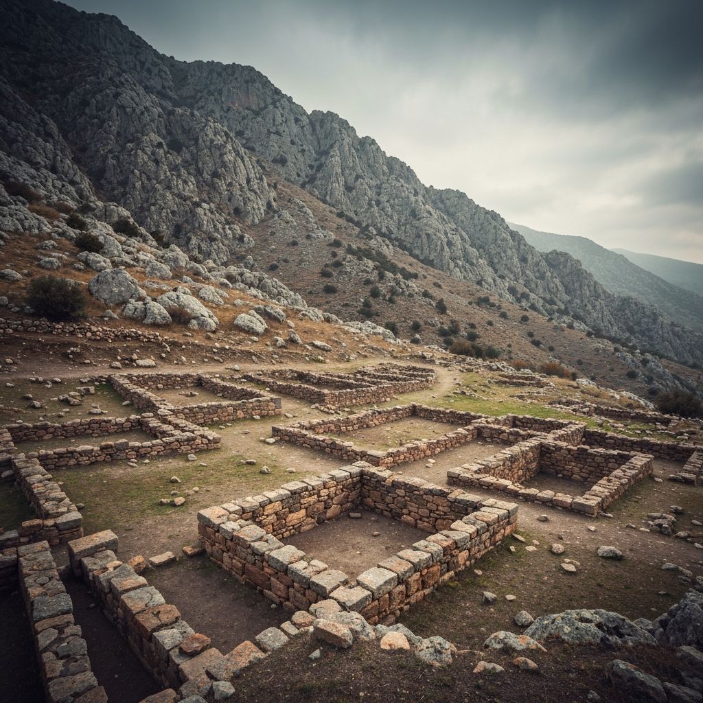 Ancient Pisidian artifacts and mountain landscape